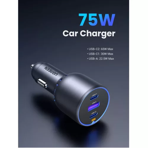 UGREEN 75W 3 portos autós gyorstöltő EC703