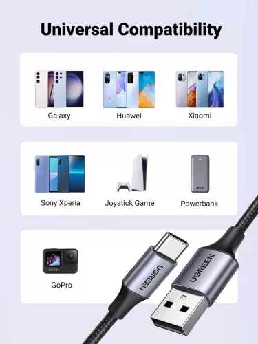 UGREEN USB-A - USB-C gyorstöltés kábel 3A Max fekete 1 m US288