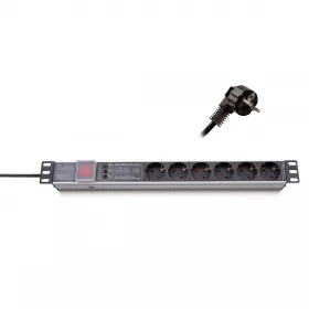   KELINE 620P06 19"" 1U 6x250V Schuko aljzat túlfeszültségvédelemmel 2,3m elosztósor