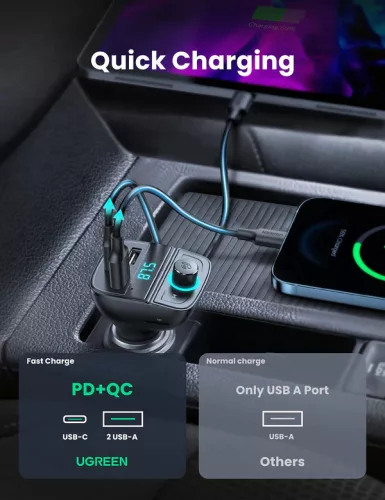 UGREEN Bluetooth autós töltő 5.0+PD+QC3.0+USB Flash Drive+TF fekete CD229