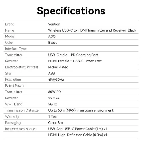 Vention HDMI (4K@30Hz Wifi transzmitter és receiver, 50m), adapter