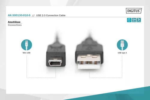 DIGITUS AK-300130-010-S High Speed 2.0 mini USB B - USB type A kábel 1m
