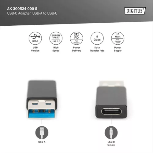 DIGITUS AK-300524-000-S SuperSpeed USB-A 3.0 - USB Type-C adapter