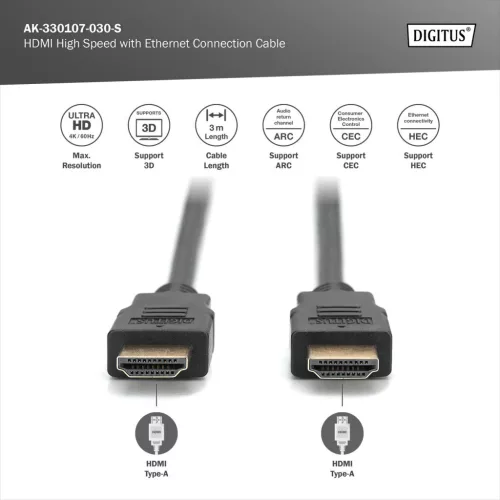 DIGITUS AK-330107-030-S High Speed UHD 4K 3D 30Hz 2.0 aranyozott Ethernet HDMI kábel 3m