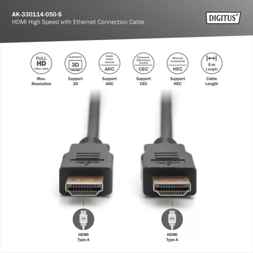 DIGITUS AK-330114-050-S High Speed Full HD 3D 30Hz 1.4 aranyozott Ethernet HDMI kábel 5m