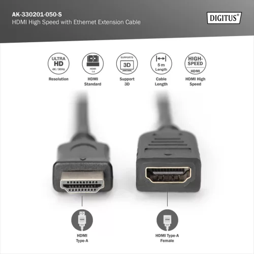 DIGITUS AK-330201-050-S High Speed UHD 4K 30Hz 1.4 HDMI Ethernet hosszabbító kábel 5m
