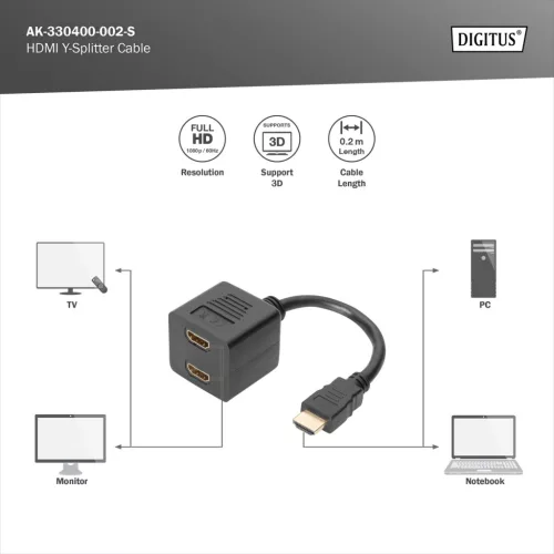 DIGITUS AK-330400-002-S Full HD 3D 24Hz aranyozott HDMI Y-elosztó kábel 0,2m