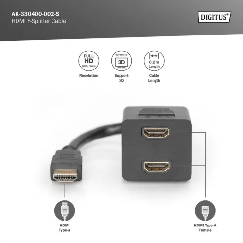 DIGITUS AK-330400-002-S Full HD 3D 24Hz aranyozott HDMI Y-elosztó kábel 0,2m