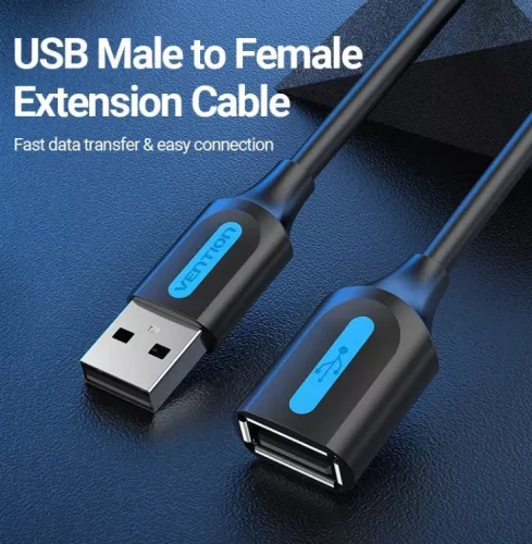 Vention USB-A 2.0/M -> USB-A 2.0/F  (hosszabbító, PVC fekete), 0,5m, kábel
