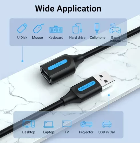 Vention USB-A 2.0/M -> USB-A 2.0/F  (hosszabbító, PVC fekete), 0,5m, kábel