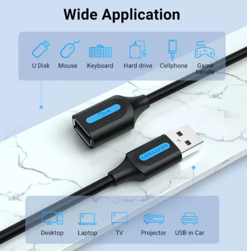 Vention USB-A 2.0/M -> USB-A 2.0/F (hosszabbító, PVC fekete), 2m, kábel