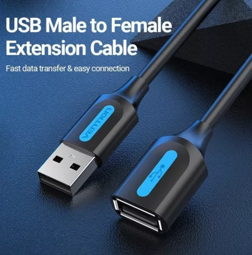 Vention USB-A 2.0/M -> USB-A 2.0/F (hosszabbító, PVC fekete), 5m, kábel