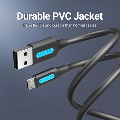 Vention USB-A 2.0/M ->  Micro B/M, 0,25m, (3A, fekete), kábel