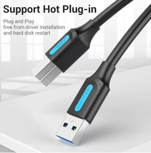 Vention USB-A 3.0/M -> USB-B/M, (PVC,fekete), 1m, kábel