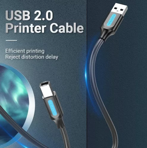 Vention USB-A 2.0/M -> USB-B/M,  (PVC, fekete, nyomtatókábel, printerkábel), 10m, kábel