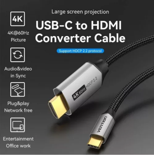 Vention USB-C/M ->HDMI/M (4K, alu), 1m, kábel