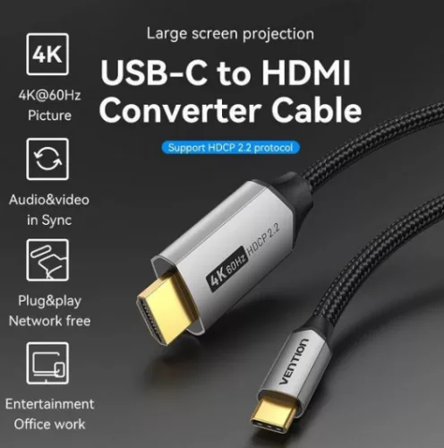 Vention USB-C/M ->HDMI/M (4K, alu), 1,5m, kábel