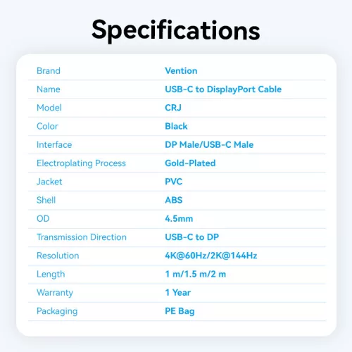 Vention USB-C -> DisplayPort, (4K,fekete),2m, kábel