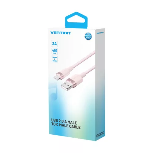 Vention USB-A 2.0/M -> USB-C/M, 1m,(pink,3A), kábel
