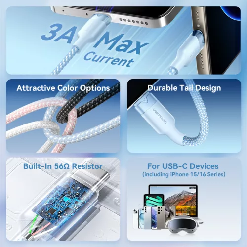 Vention USB-A 2.0/M -> USB-C/M, 1m,(fehér,3A), kábel