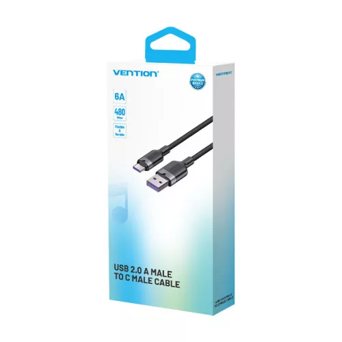 Vention USB-A 2.0/M -> USB-C/M, 2m,(fekete,6A), kábel