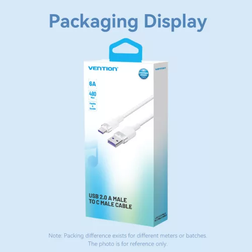 Vention USB-A 2.0/M -> USB-C/M, 2m,(fehér,6A), kábel