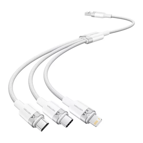 Vention USB-A 2.0/M -> USB-C/Lightning/Micro USB-B, 1,5m,(fehér,3A,3in1), kábel