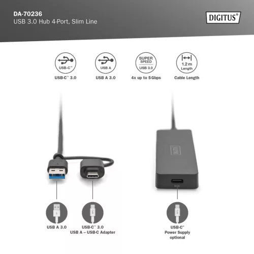 DIGITUS DA-70236 Superspeed 4 portos slim USB 3.0 HUB