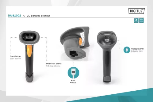 DIGITUS DA-81002 RJ45/USB 1D/2D kézi vonalkódolvasó USB kit állvánnyal