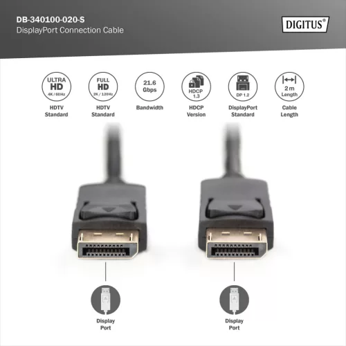 DIGITUS DB-340100-020-S Display port apa -> display port apa 2m kábel