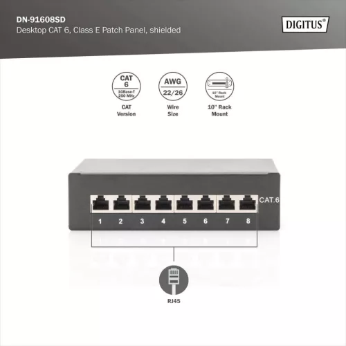 DIGITUS DN-91608SD Cat.6 8port asztali fekete árnyékolt patch panel