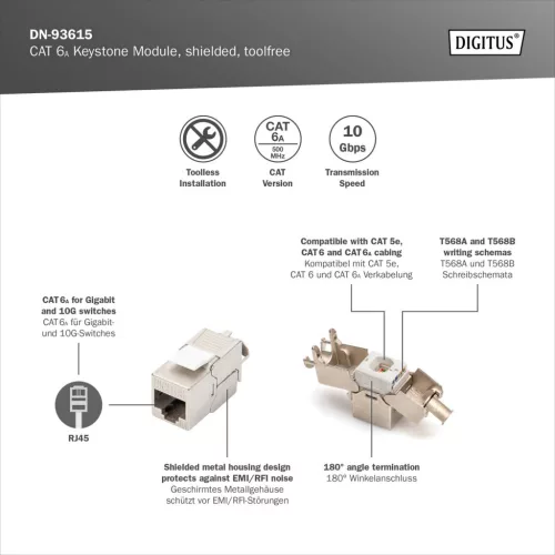 DIGITUS DN-93615 Cat.6A árnyékolt szerszám nélkül szerelhető Keystone Jack