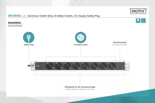 DIGITUS DN-95401 19" 1U PDU 8xCEE 7/3 schuko aljzat CEE7/7 csatlakozó 2m elosztósor