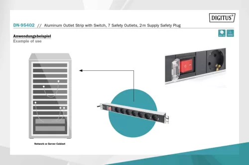 DIGITUS DN-95402 19" 1U PDU alumínium 7x Schuko aljzat CEE7/7 csatlakozó kapcsolós hálózati 2m elosztósor