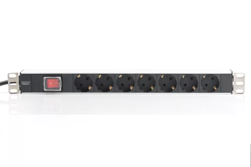 DIGITUS DN-95402 19" 1U PDU alumínium 7x Schuko aljzat CEE7/7 csatlakozó kapcsolós hálózati 2m elosztósor