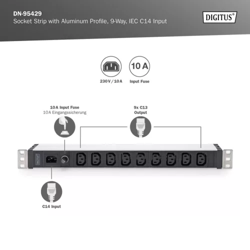 DIGITUS DN-95429 19" 1U PDU 230V 10A 9xIEC C13 aljzat IEC C14 csatlakozó 2m elosztósor