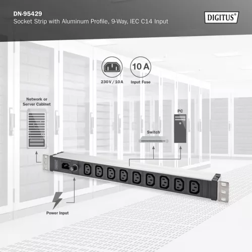 DIGITUS DN-95429 19" 1U PDU 230V 10A 9xIEC C13 aljzat IEC C14 csatlakozó 2m elosztósor
