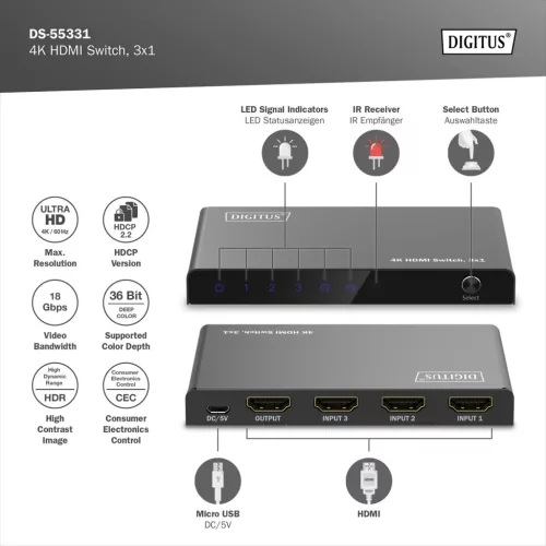 DIGITUS DS-55331 HDMI 4K 60Hz 3x1 Switch