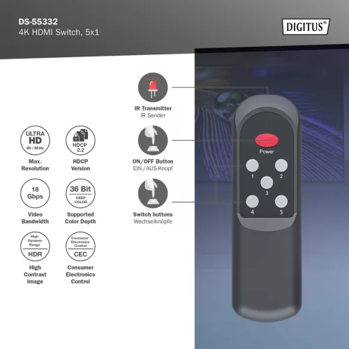 DIGITUS DS-55332 HDMI 4K 60Hz 5x1 Switch