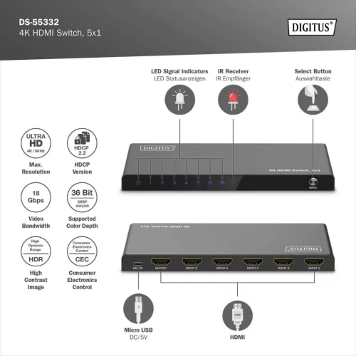 DIGITUS DS-55332 HDMI 4K 60Hz 5x1 Switch