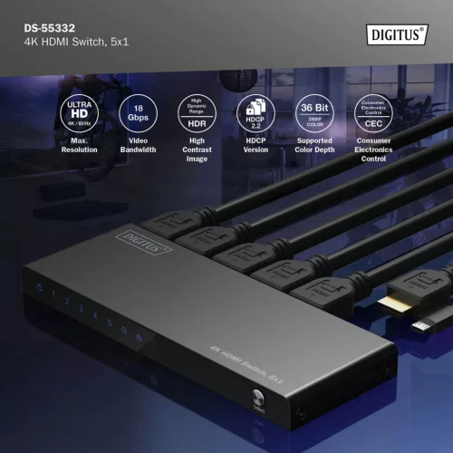 DIGITUS DS-55332 HDMI 4K 60Hz 5x1 Switch