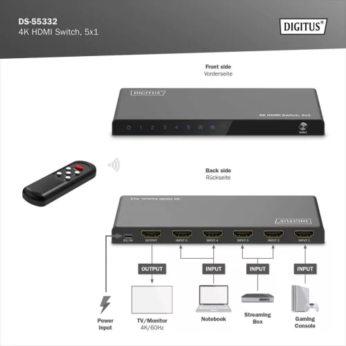 DIGITUS DS-55332 HDMI 4K 60Hz 5x1 Switch