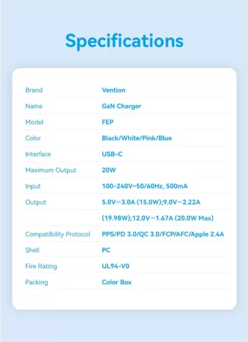 Vention USB-C (GaN,1port,20W, fekete), töltő
