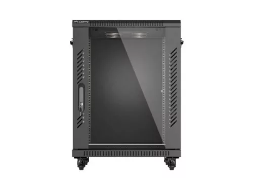 Lanberg FF01-6615-12B 19" 15U SZÉL:600mm MÉLY:600mm MAG:848mm lapraszerelt üvegajtós fekete álló rack szekrény