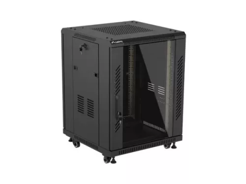 Lanberg FF01-6615-12B 19" 15U SZÉL:600mm MÉLY:600mm MAG:848mm lapraszerelt üvegajtós fekete álló rack szekrény