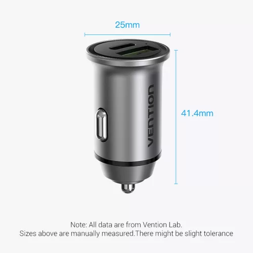 Vention USB-A+C (2port,18/20W, szürke, szivargyújtós), töltő