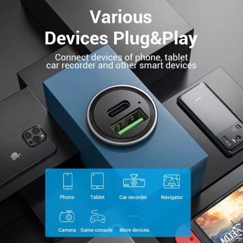 Vention USB-A+C (2port,18/20W, szürke, szivargyújtós), töltő