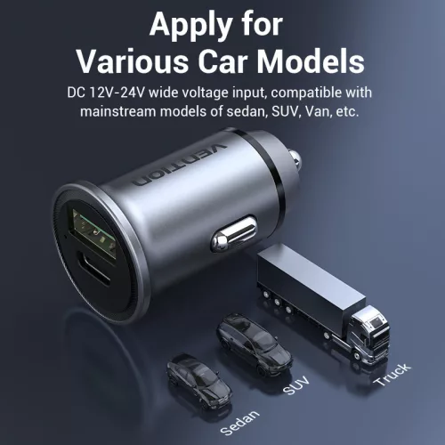 Vention USB-A+C (2port,18/20W, szürke, szivargyújtós), töltő