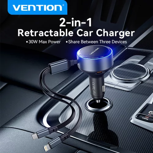 Vention USB-C*2+Lightning (3port,30W, szivargyújtós), töltő