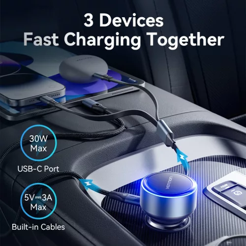 Vention USB-C*2+Lightning (3port,30W, szivargyújtós), töltő